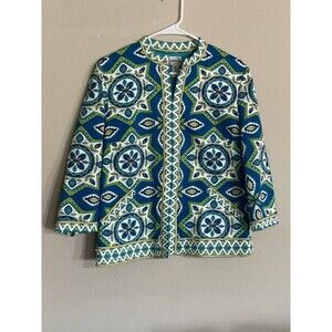 CHICOS 1 Jacket Womens Size Medium Colorful Floral 3/4 Sleeve Cotton Stretch